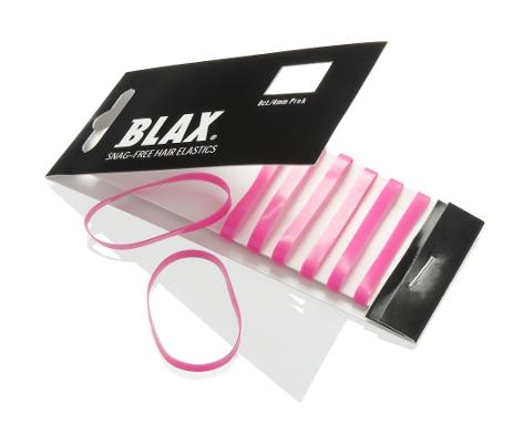 A pack of BLAX Hair elastics - Pink (8 pcs) by BLAX is shown, with two snag-free pink and white elastics placed next to the packaging on a white surface.