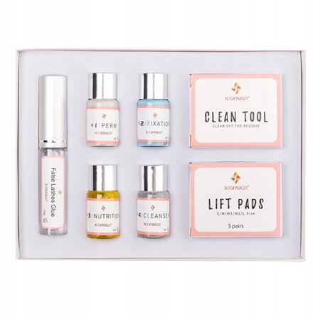 Experience salon-quality lash lifts at home with the Lash Lift Kit by IconSign from Fashiongirl, featuring 6 bottles and 2 boxes (glue, perm, fixation, nutrition, cleanser, lift pads, clean tool) neatly organized in a white tray.