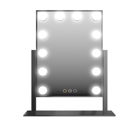 The UNIQ New York Mega Makeup Mirror features a sleek black frame, stand, twelve evenly spaced illuminated bulbs, and three touch-sensitive buttons at the bottom center.