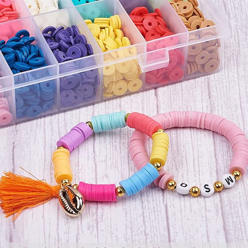 Clay Beads - KREA DIY Acrylic bead jewellery set with beads in bright colours, rubber bands, clasps, scissors - 1 box with 24 compartments - | Fashiongirl