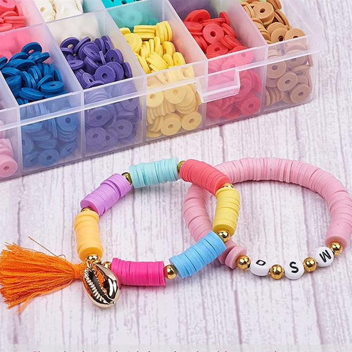 Clay Beads - KREA DIY Acrylic bead jewellery set with beads in bright colours, rubber bands, clasps, scissors - 1 box with 24 compartments - | Fashiongirl