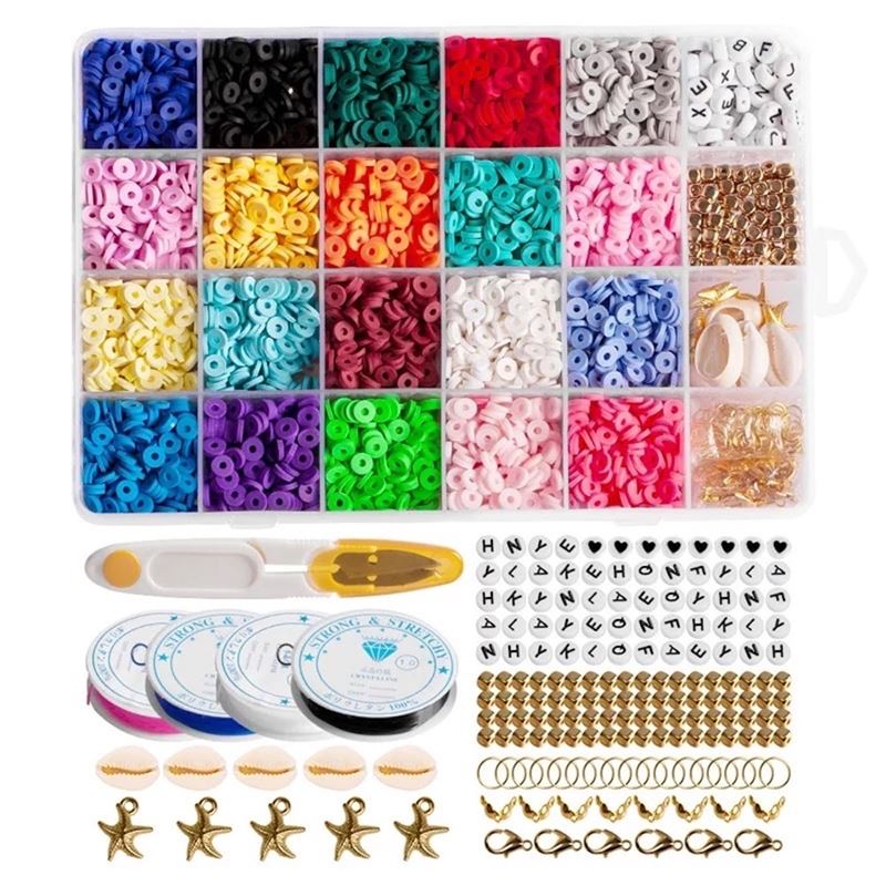 Clay Beads - KREA DIY Acrylic bead jewellery set with beads in bright colours, rubber bands, clasps, scissors - 1 box with 24 compartments - | Fashiongirl