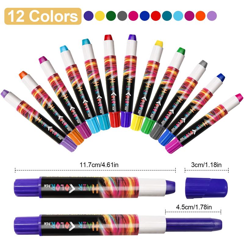Twelve UNIQ Hair Chalk Color Pens, featuring vibrant colored caps and black barrels with a colorful design, are arranged in a semicircle above two horizontally placed pens with measurements. Text reads “12 Colours.”.