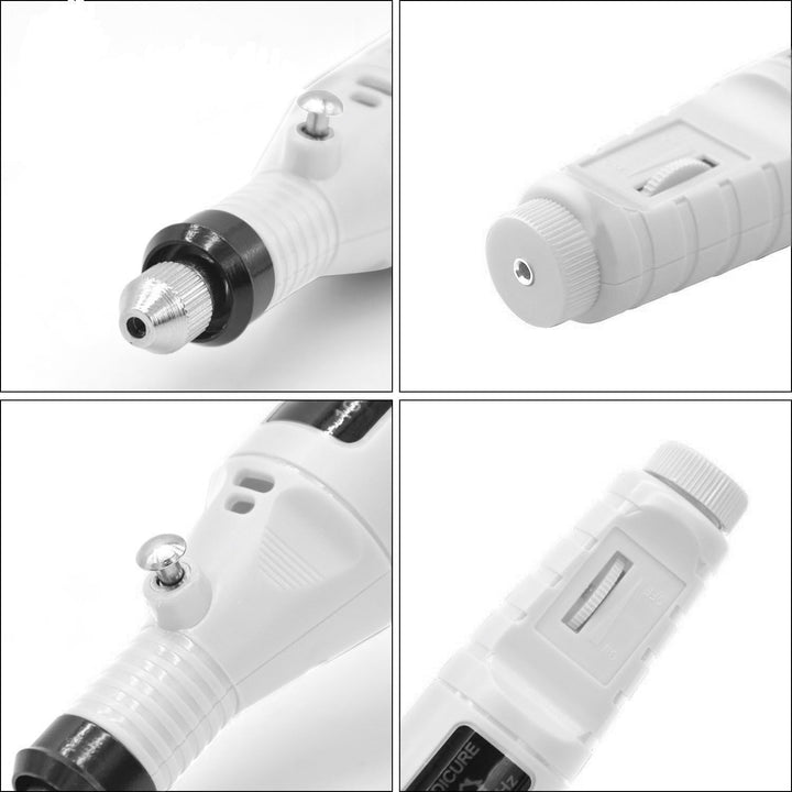 A collage of four close-ups displays the UNIQ Basic 6-in-1 Electric Nail File in white, highlighting its metal drill head, side button, textured grip, and adjustment dial from different angles.