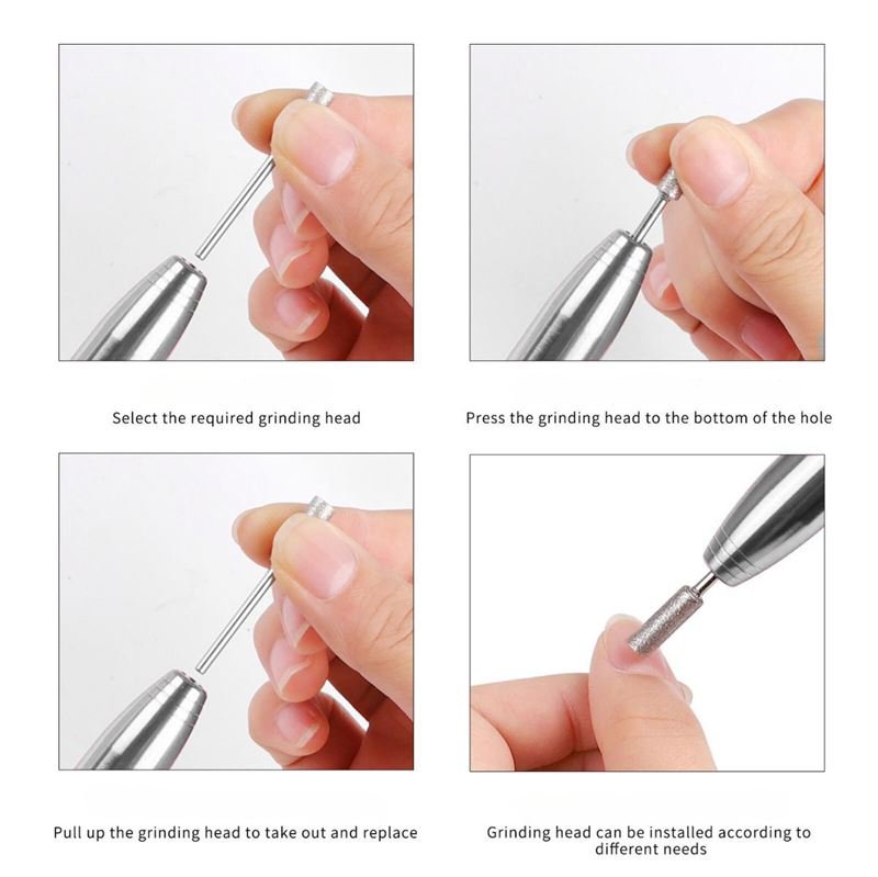 Four-step visual guide for the UNIQ Compact Electric Nail File Kit by UNIQ: shows hands selecting, inserting, removing, and replacing the grinding head—each step features correct hand positions and visible parts of this portable manicure tool.