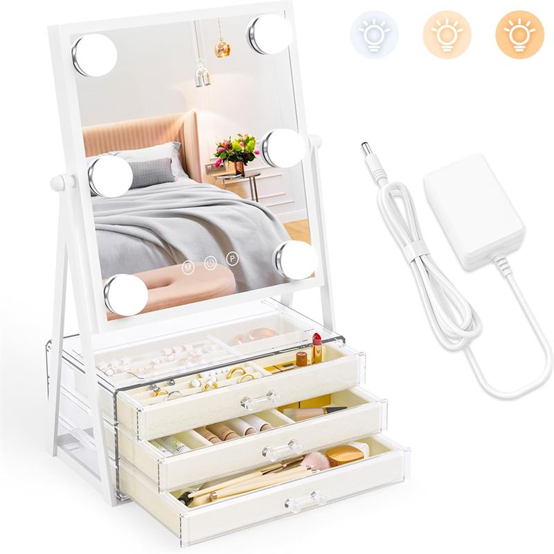 UNIQ Glasgow Vanity Makeup Mirror with 6 LED Bulbs and 3 Jewellery Storage Drawers - | Fashiongirl