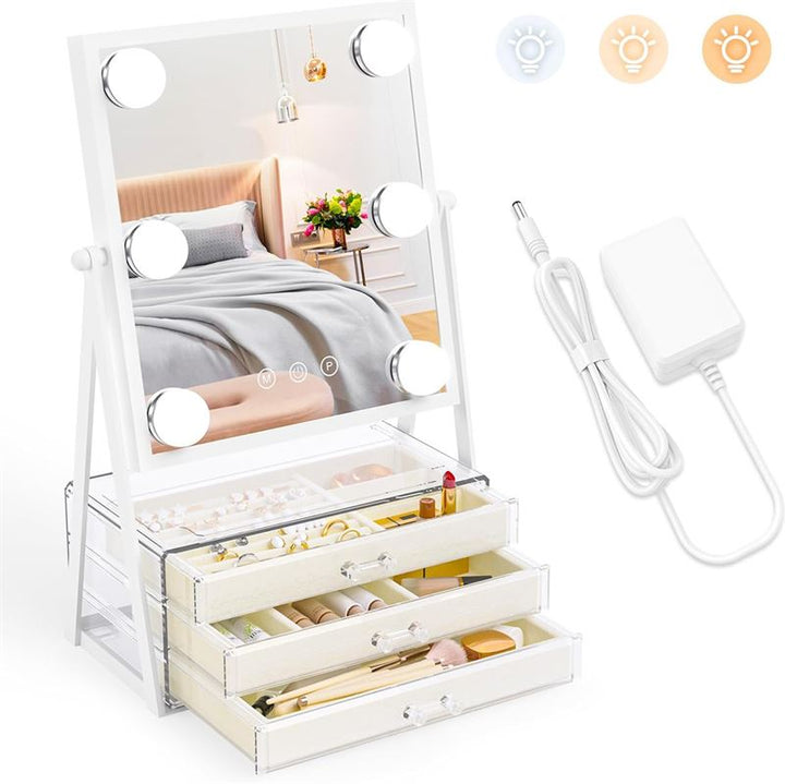 UNIQ Glasgow Vanity Makeup Mirror with 6 LED Bulbs and 3 Jewellery Storage Drawers - | Fashiongirl