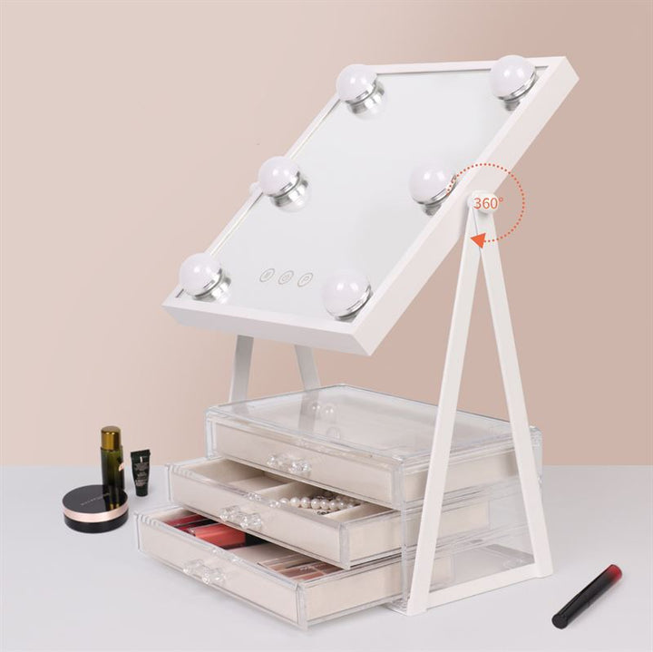 UNIQ Glasgow Vanity Makeup Mirror with 6 LED Bulbs and 3 Jewellery Storage Drawers - | Fashiongirl