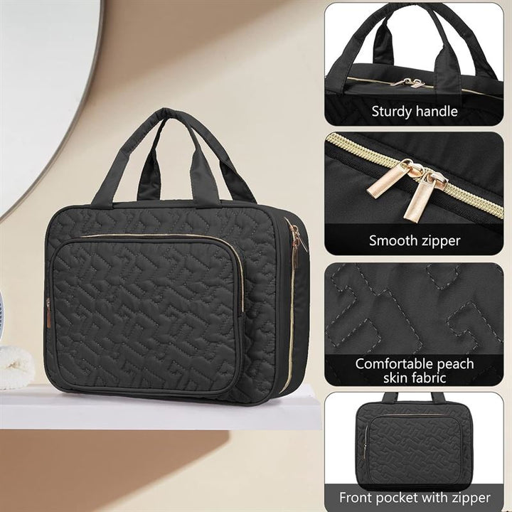 The UNIQ Travel Toiletry Bag with Hanging Hook, 4 waterproof compartments, and gold zippers in black sits on a white surface. Insets show its sturdy handle, smooth zipper, peach skin fabric, and zippered front pocket.