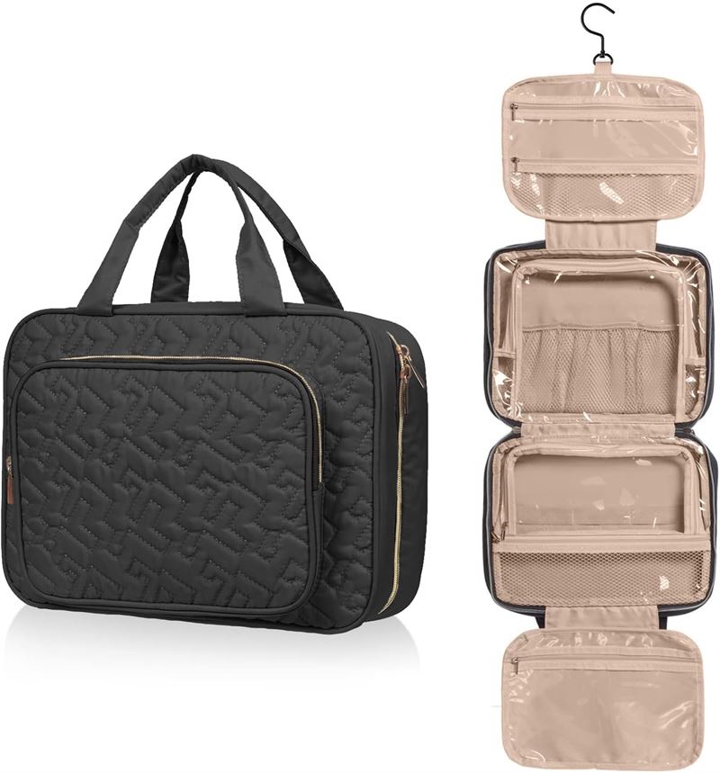 The UNIQ Travel Toiletry Bag (black, waterproof) by UNIQ is shown closed with handles on the left and fully opened on the right, revealing four beige compartments and a hanging hook.
