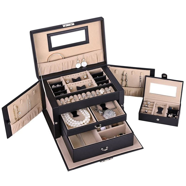 UNIQ XL Leather jewellery box with 20 compartments and lock - Black - Jewelry Box