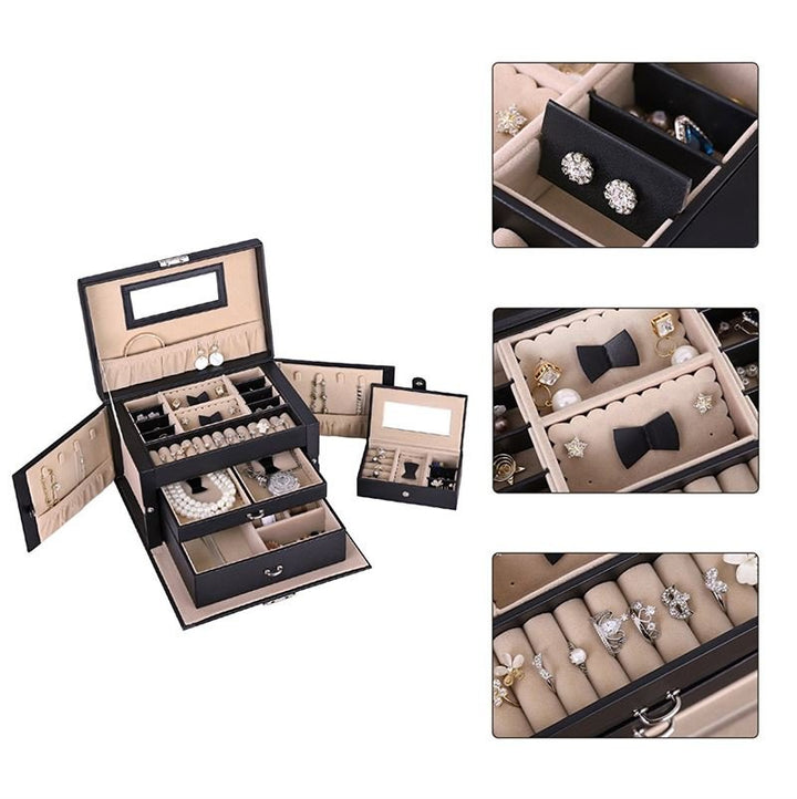 UNIQ XL Leather jewellery box with 20 compartments and lock - Black - Jewelry Box