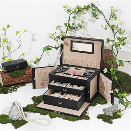 UNIQ XL Leather jewellery box with 20 compartments and lock - Black - Jewelry Box