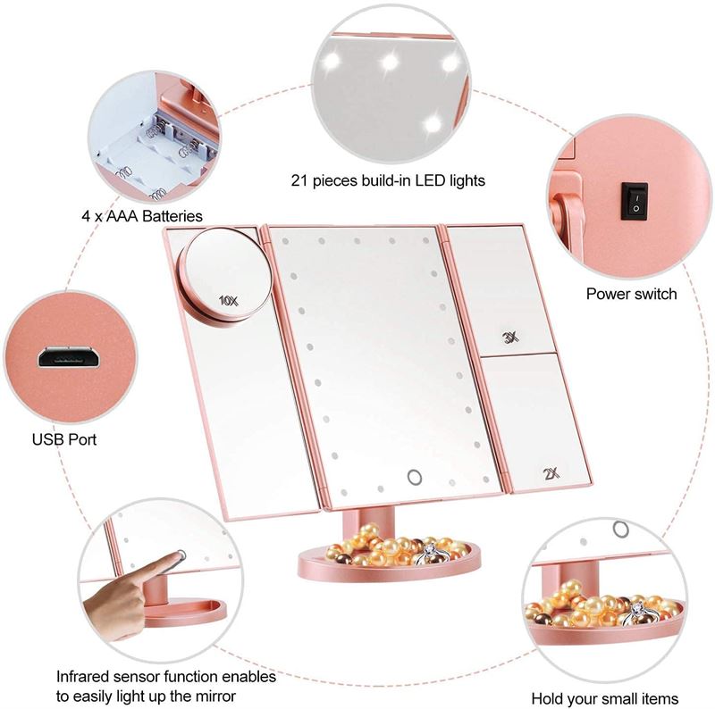 UNIQ Hollywood Trifold Makeup Mirror with LED Lights - Rose Gold