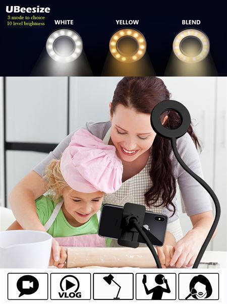 Selfie Ring Light with LED Light and Brightness Adjustment + Flexible Arms | Perfect for Streaming / Vlogging / YouTube / Makeup